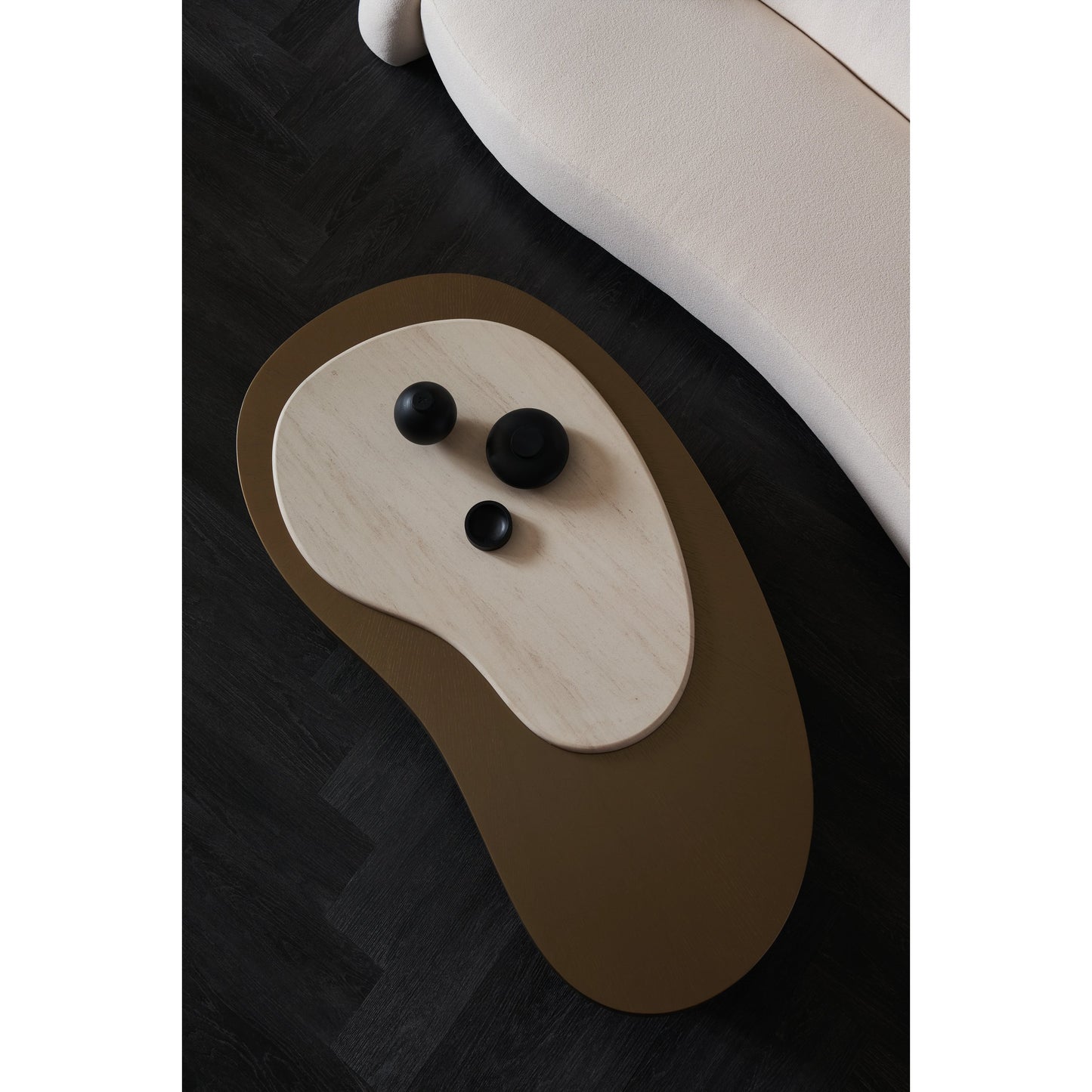 005 SI-2095979 | Lifestyle | Contrast Cocktail Table by Caracole in cinder, lucent bronze oak. Made from oak, stone, quartersawn oak in a modern style.