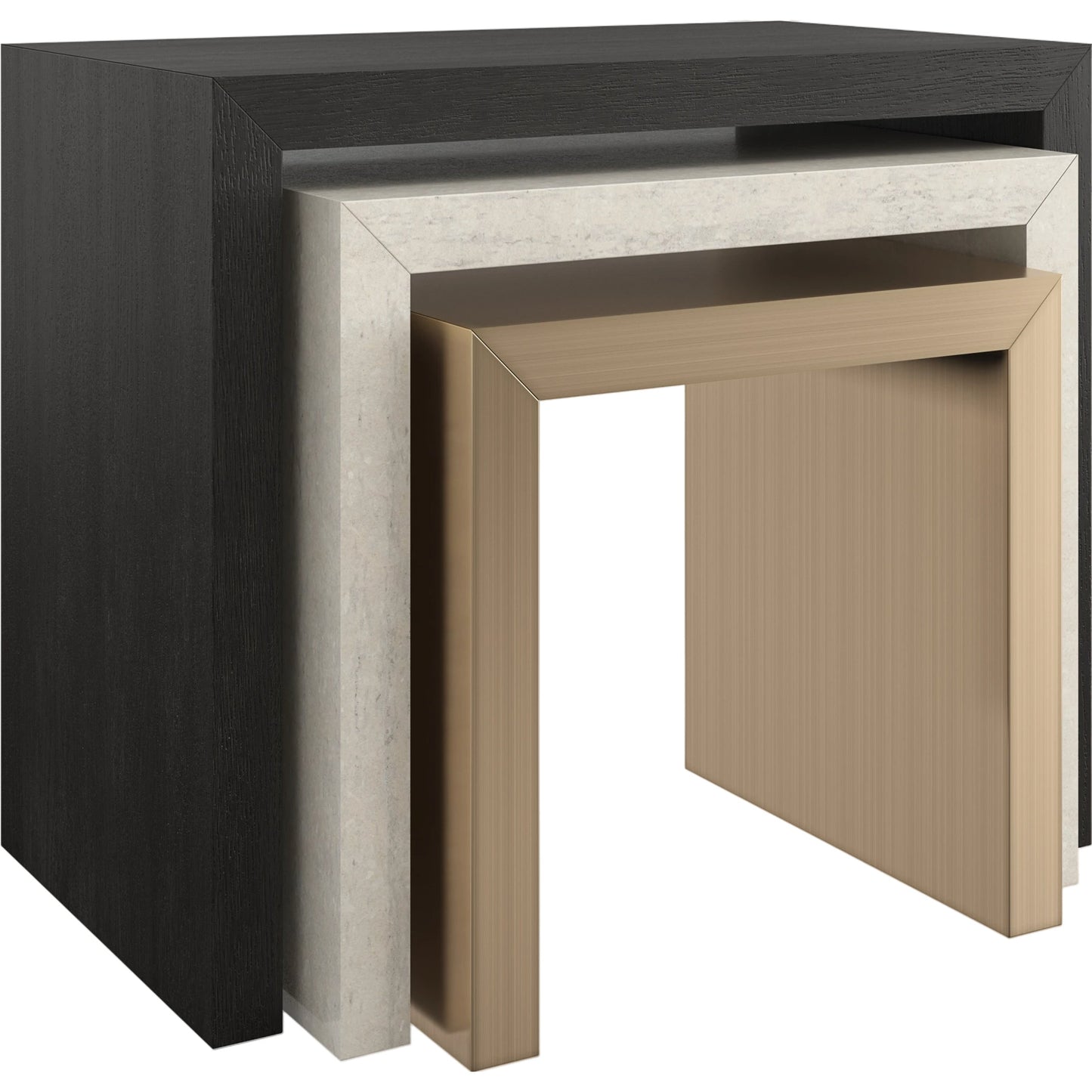 001 SI-2095987 | Additional Silo | Contrast Nesting Tables by Caracole in cinder, crème travertine, lucent bronze plated metal. Made from birch, stone, metal, quartersawn oak in a modern style.