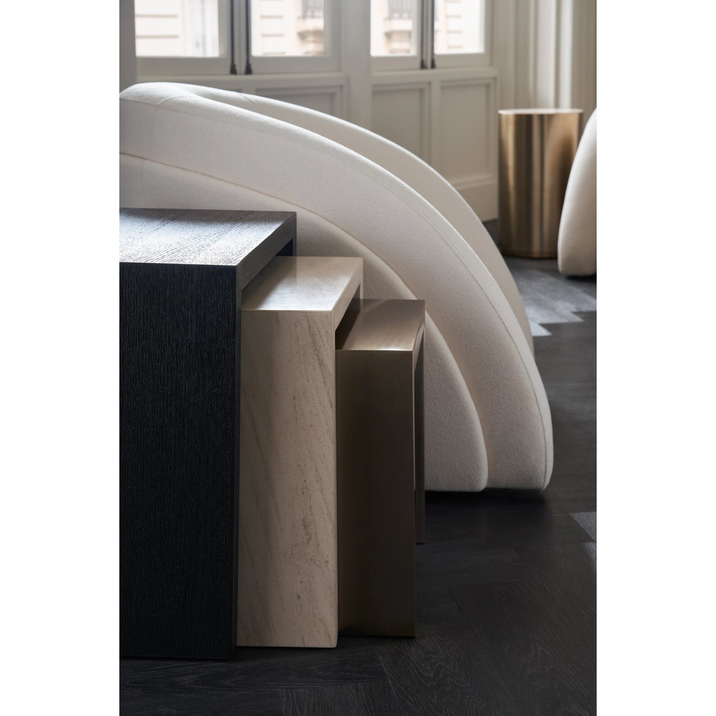 006 SI-2095987 | Lifestyle | Contrast Nesting Tables by Caracole in cinder, crème travertine, lucent bronze plated metal. Made from birch, stone, metal, quartersawn oak in a modern style.