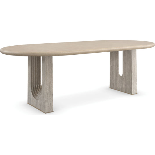 Emphasis Dining Table by Caracole in sun drenched oak, lucent bronze plated metal. Made from oak, quartersawn oak in a modern style.