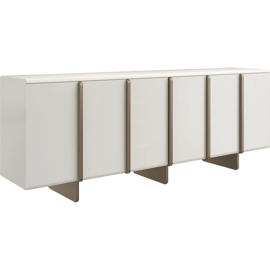 Emphasis Credenza by Caracole in almost white, textured adobe, lucent bronze plated metal. Made from birch in a modern style.
