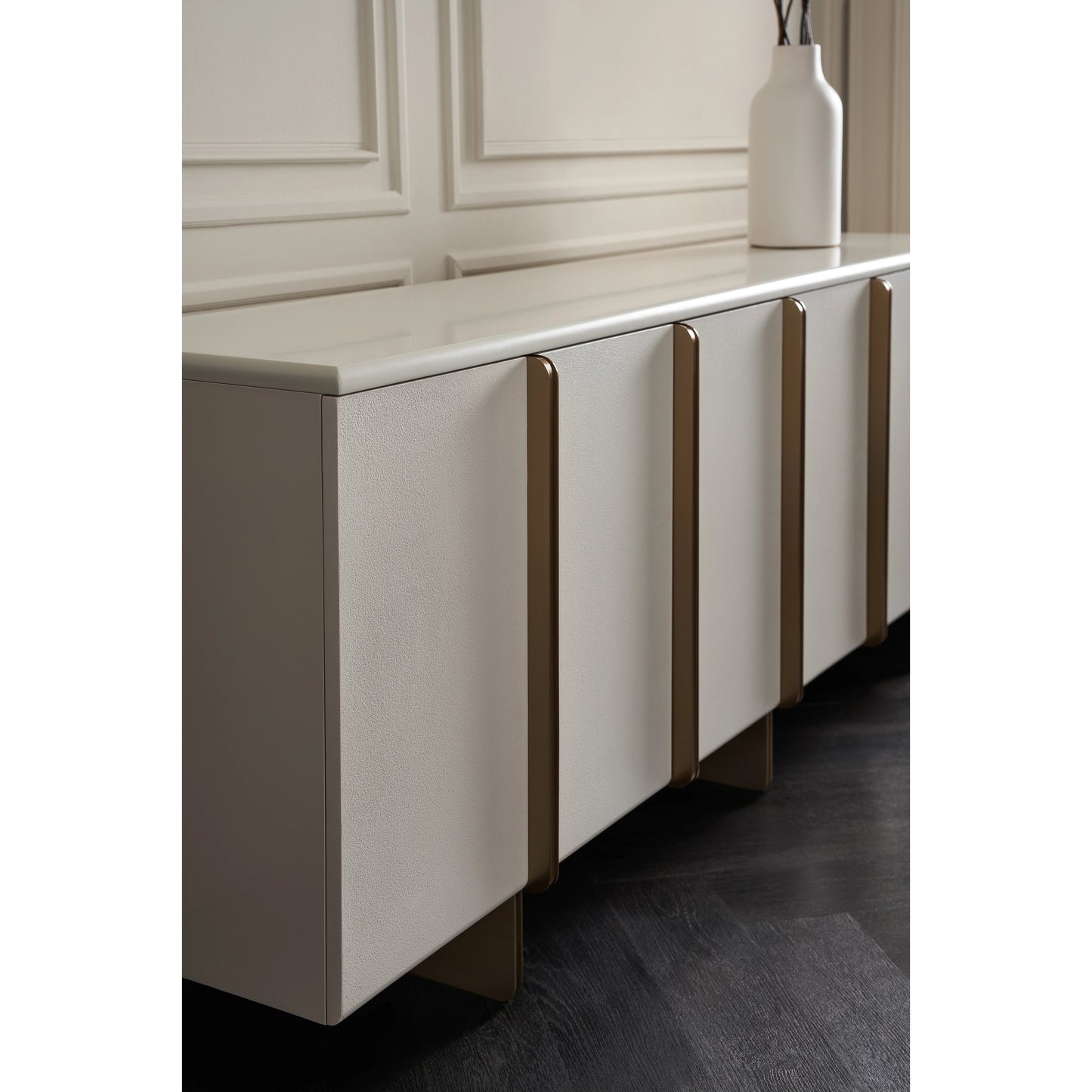 006 SI-2095994 | Lifestyle | Emphasis Credenza by Caracole in almost white, textured adobe, lucent bronze plated metal. Made from birch in a modern style.