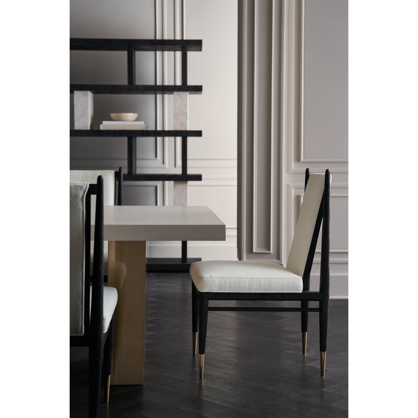 007 SI-2095997 | Lifestyle | Unity Dark Dining Chair by Caracole in ivory and cinder. Made from oak in a modern style.