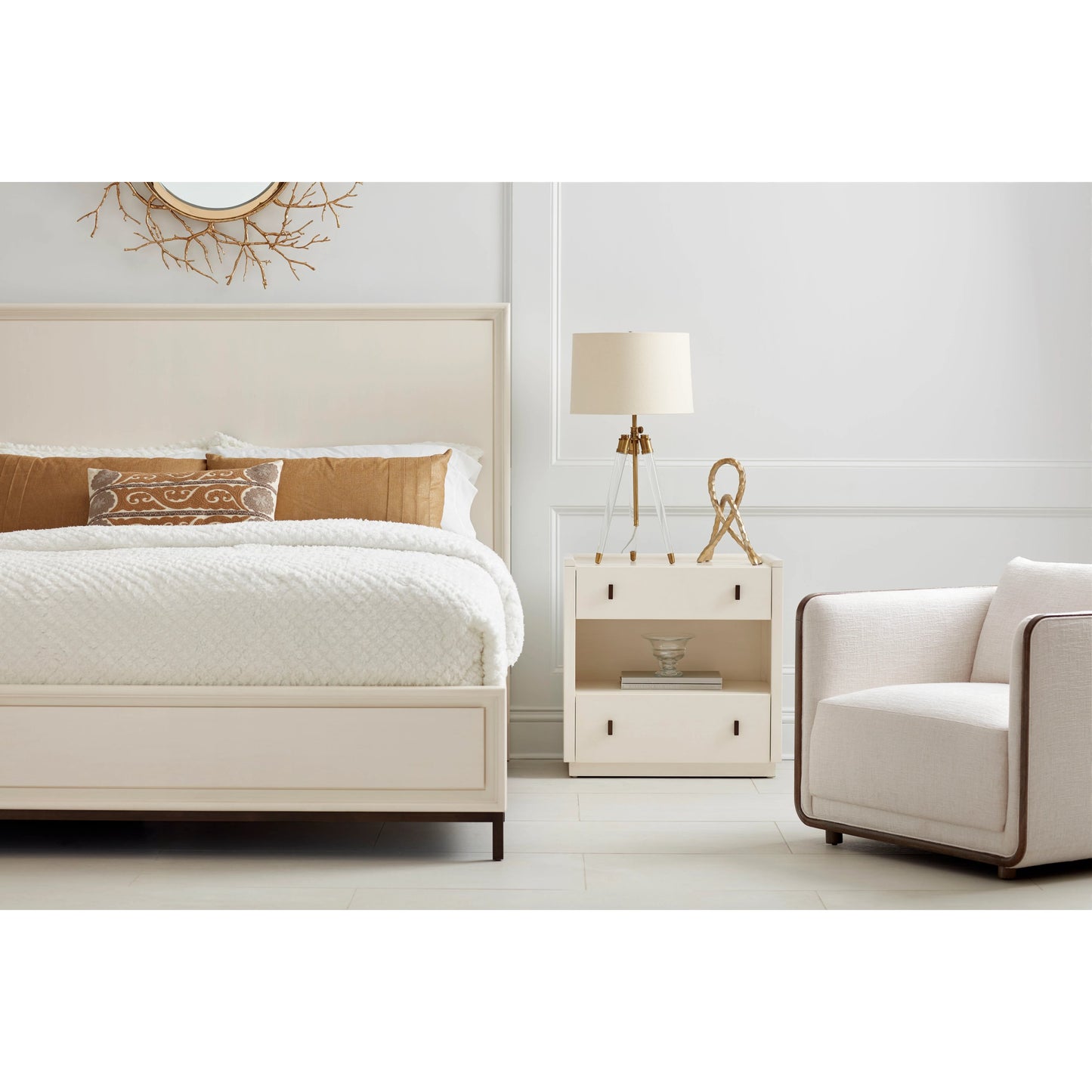 007 SI-2064946,SI-2064947 | Lifestyle | Blanc Panel Bed by A.R.T. Furniture in alabaster, burnished bronze. Made from parawood solids, maple veneers, metal in a modern style.