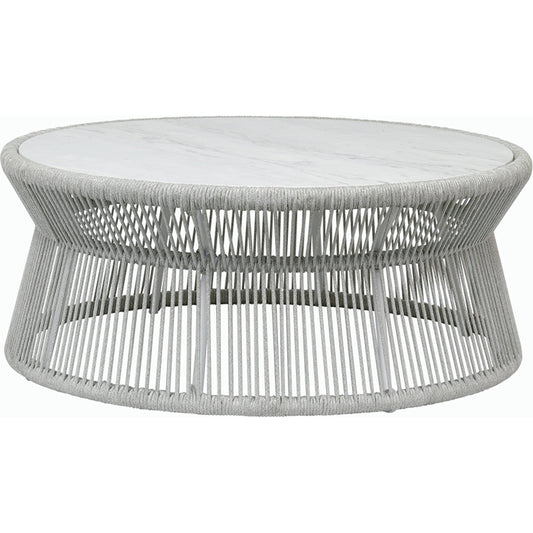 Miami Outdoor Coffee Table by Sunset West in frost. Made from olefin rope in a coastal style.