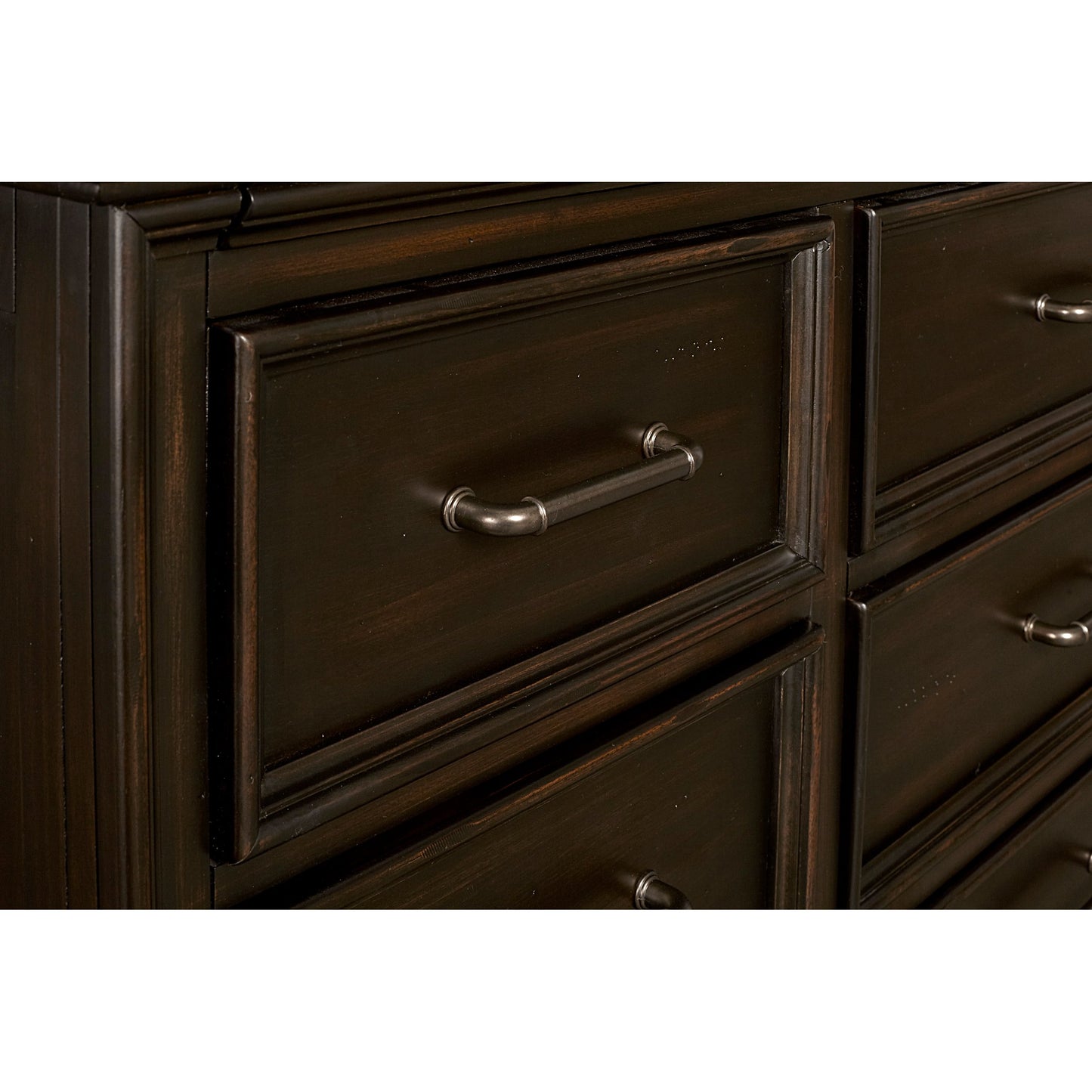 004 SI-2155451 | Closeup | Caldwell Dresser/Mirror by Pulaski Furniture in deep brown. Made from acacia veneers, asian hardwood in a traditional style.