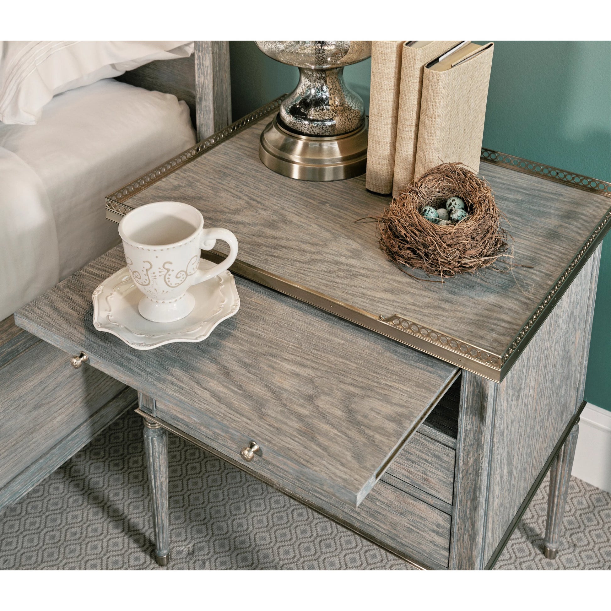 Arlingham Nightstand by Jonathan Charles in blue and chipped blue oak. Made from oak solids, veneers in a modern style.