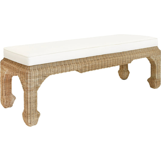 Massey Bench by Worlds Away in ivory and natural rattan. Made from linen, woven rattan in a cottage & farmhouse style.
