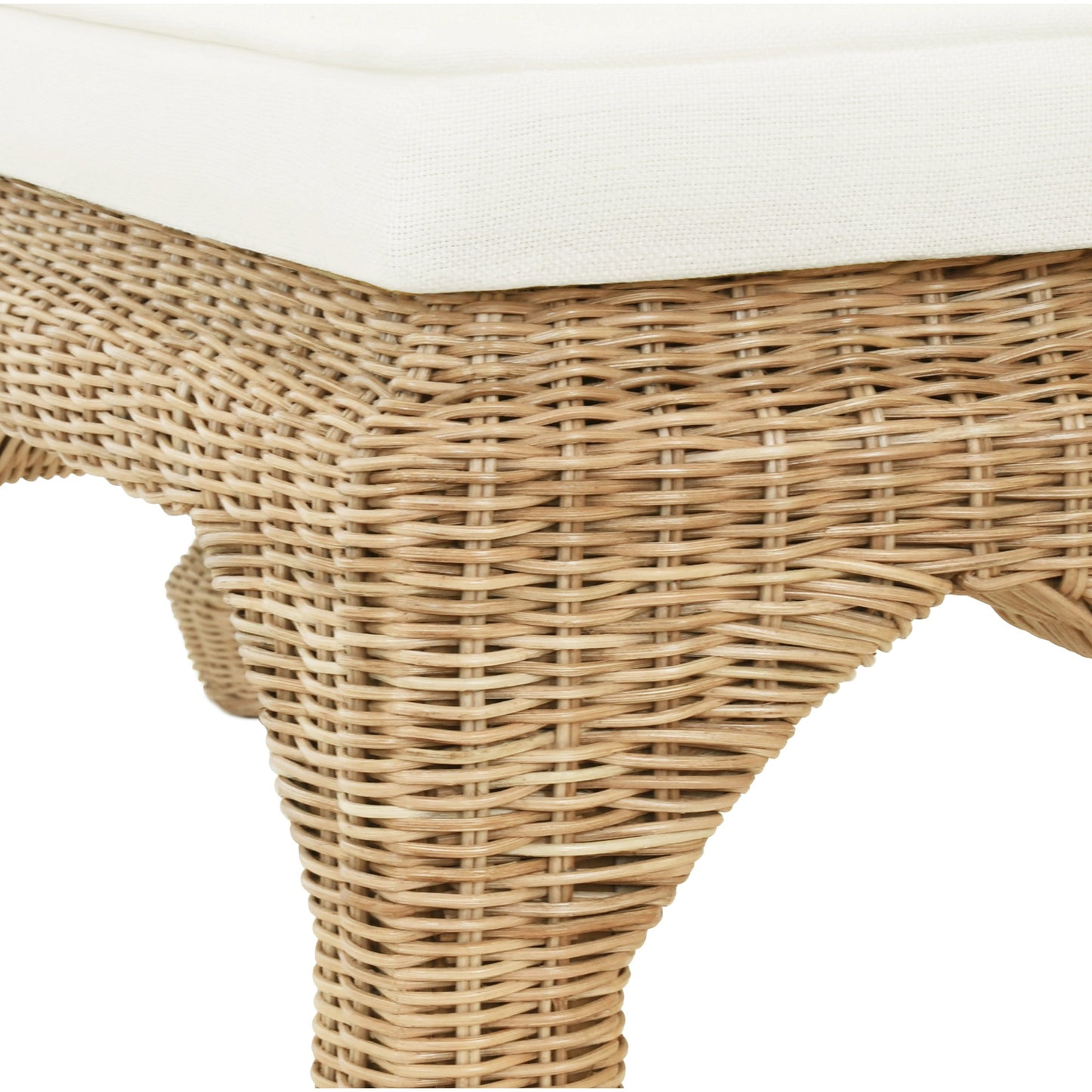 004 SI-2106330 | Closeup | Massey Bench by Worlds Away in ivory and natural rattan. Made from linen, woven rattan in a cottage & farmhouse style.