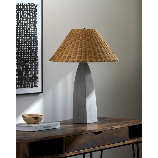 Mombeja Accent Table Lamp by Livabliss in gray and hand painted. Made from concrete, rattan, iron in a rustic style.