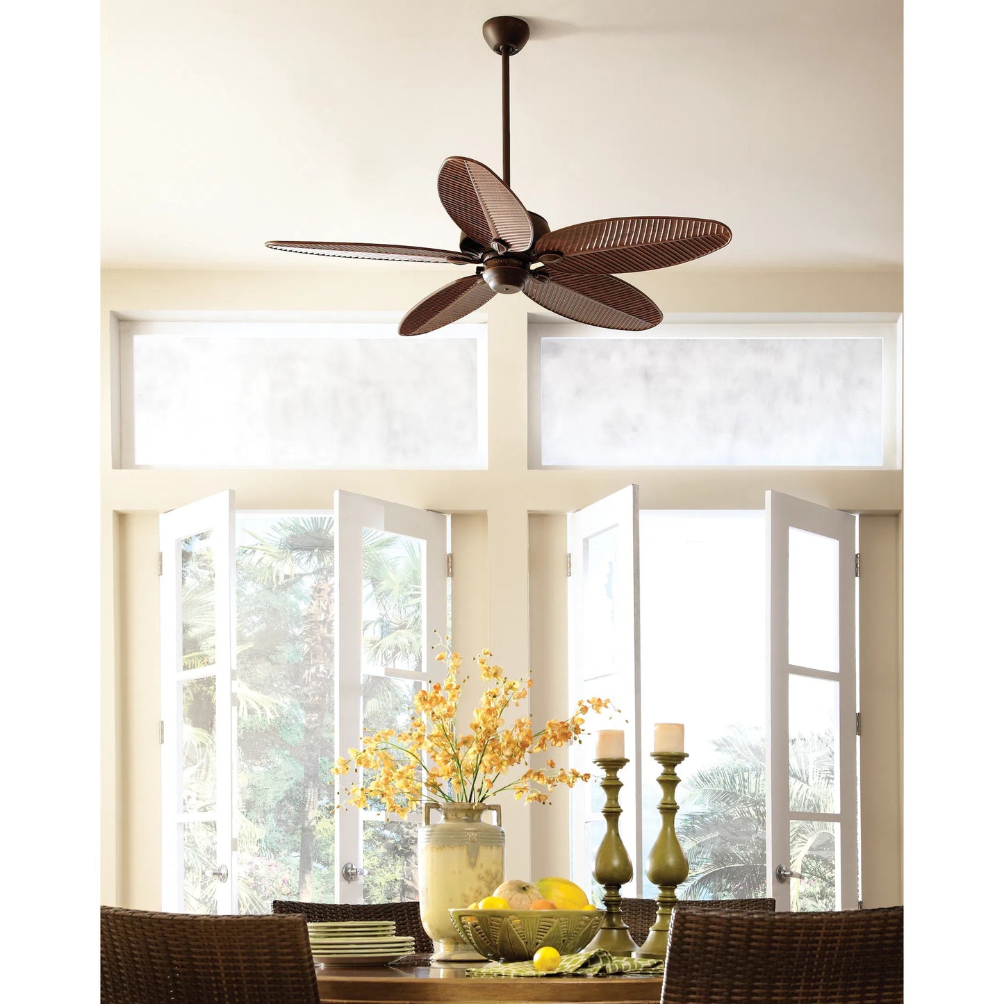 008 S-283582 | Lifestyle | Cruise Palm Leaf Outdoor Fan by Monte Carlo. Made from unique in a coastal style.