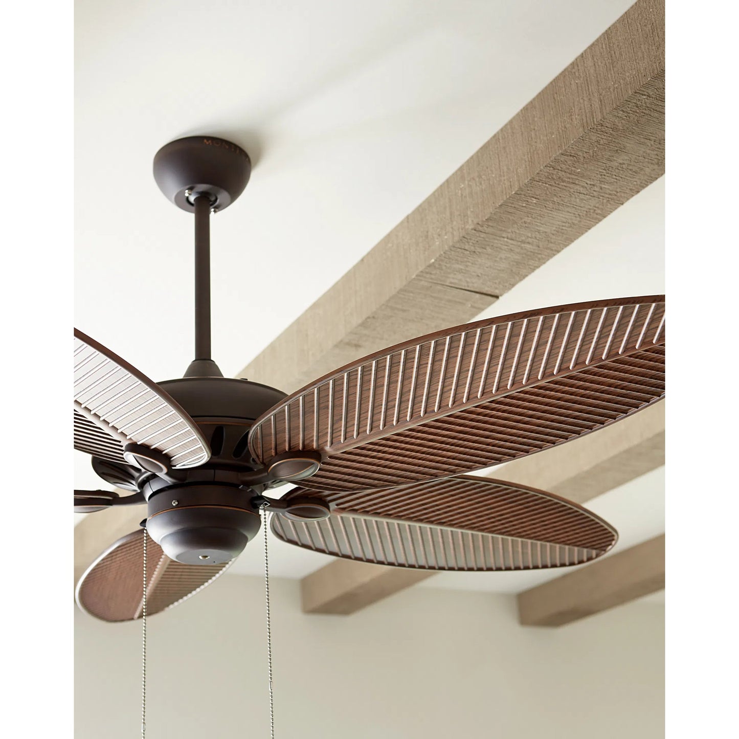 006 S-283582 | Closeup | Cruise Palm Leaf Outdoor Fan by Monte Carlo. Made from unique in a coastal style.