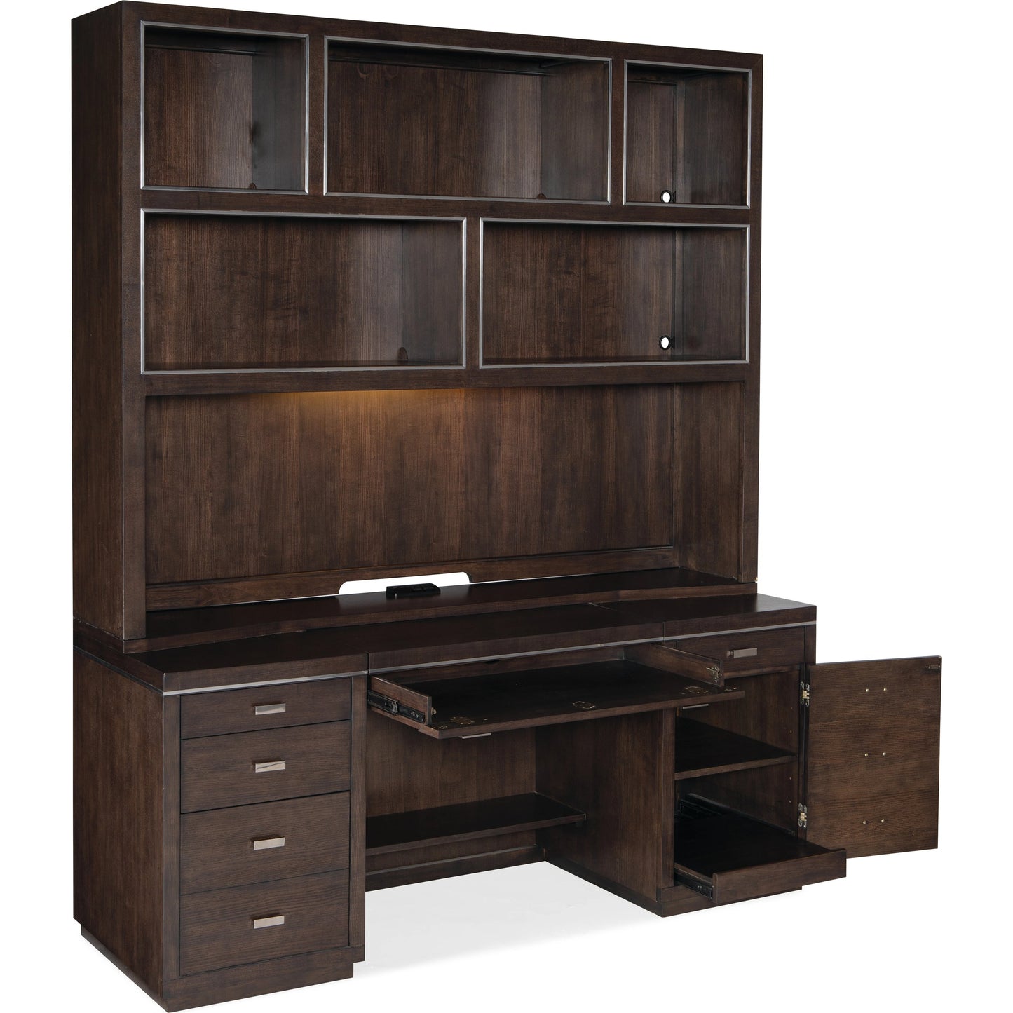 005 SI-1748971 | Additional Silo | House Blend Computer Credenza by Hooker Furniture in dark roast. Made from quartered ash veneers, metal in a unique style.