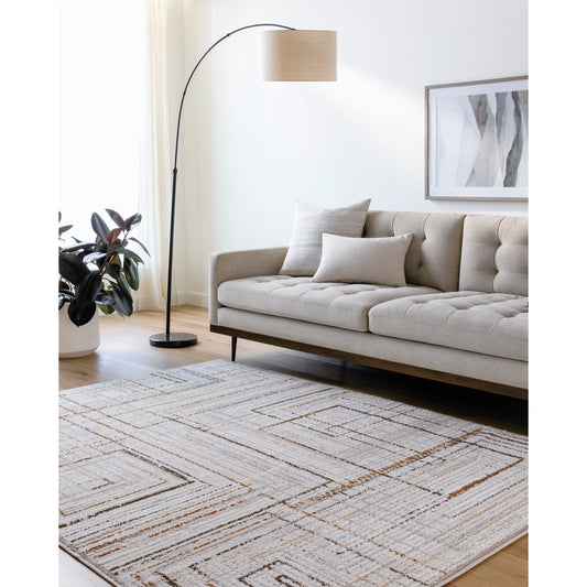 Mood Rug - 500064 by Livabliss in taupe, white, dark brown, medium brown, mustard, denim. Made from face: 70% polypropylene, 30% polyester, warp: 100% polyester in a unique style.