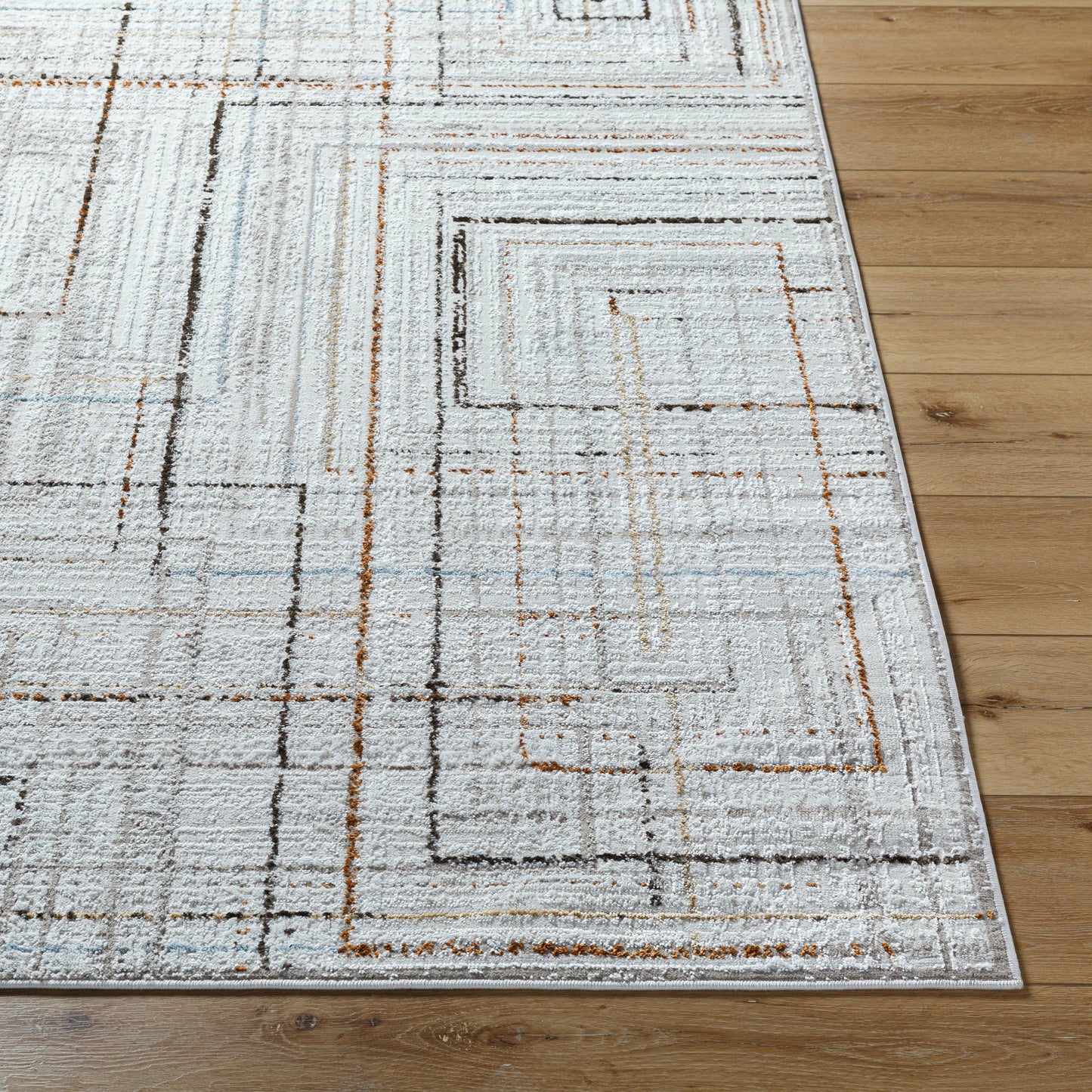 003 SI-2132281 | Closeup | Mood Rug - 500064 by Livabliss in taupe, white, dark brown, medium brown, mustard, denim. Made from face: 70% polypropylene, 30% polyester, warp: 100% polyester in a unique style.