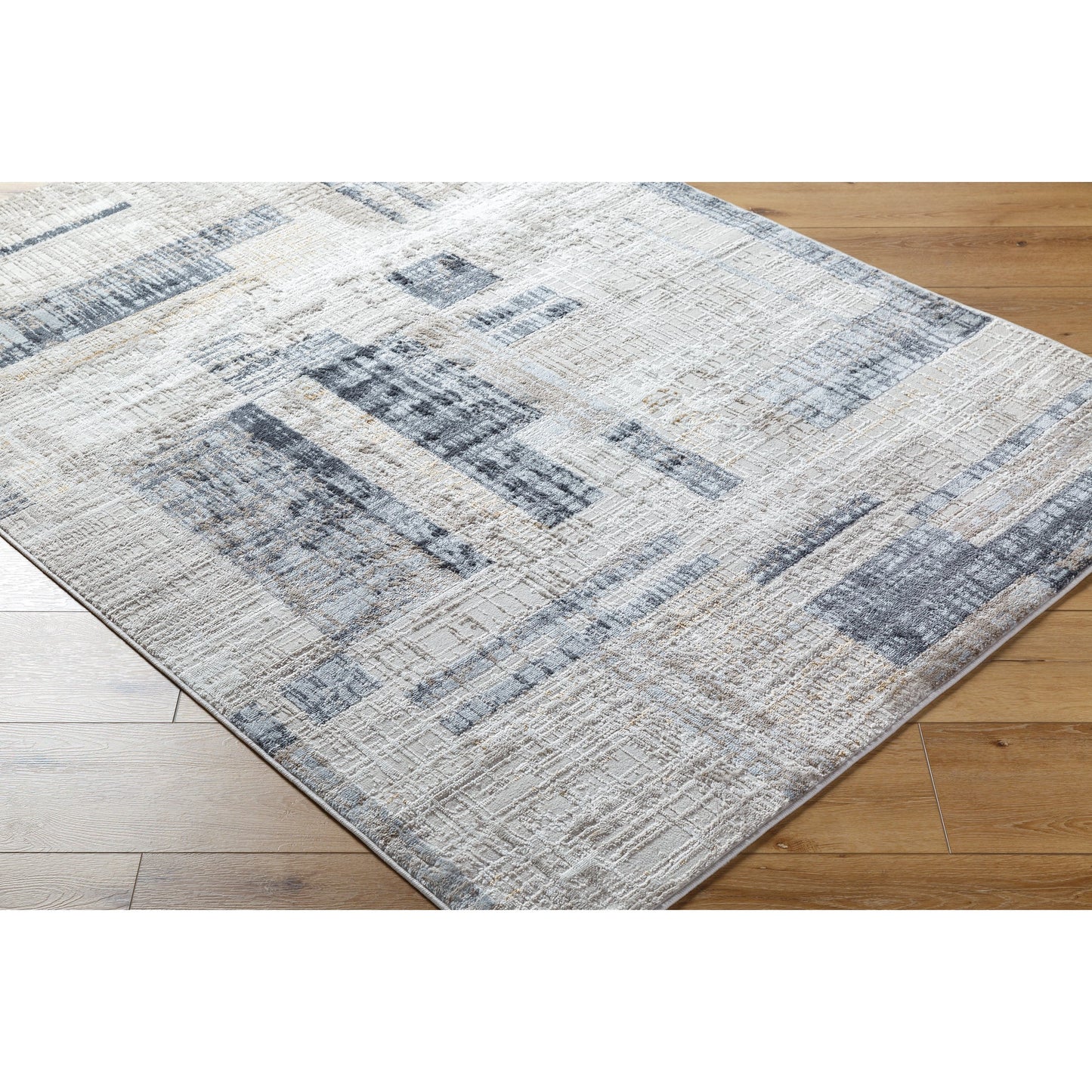 002 SI-2132285 | Closeup | Mood Rug - 500072 by Livabliss in taupe, white, dark brown, medium brown, mustard, denim. Made from face: 70% polypropylene, 30% polyester, warp: 100% polyester in a unique style.