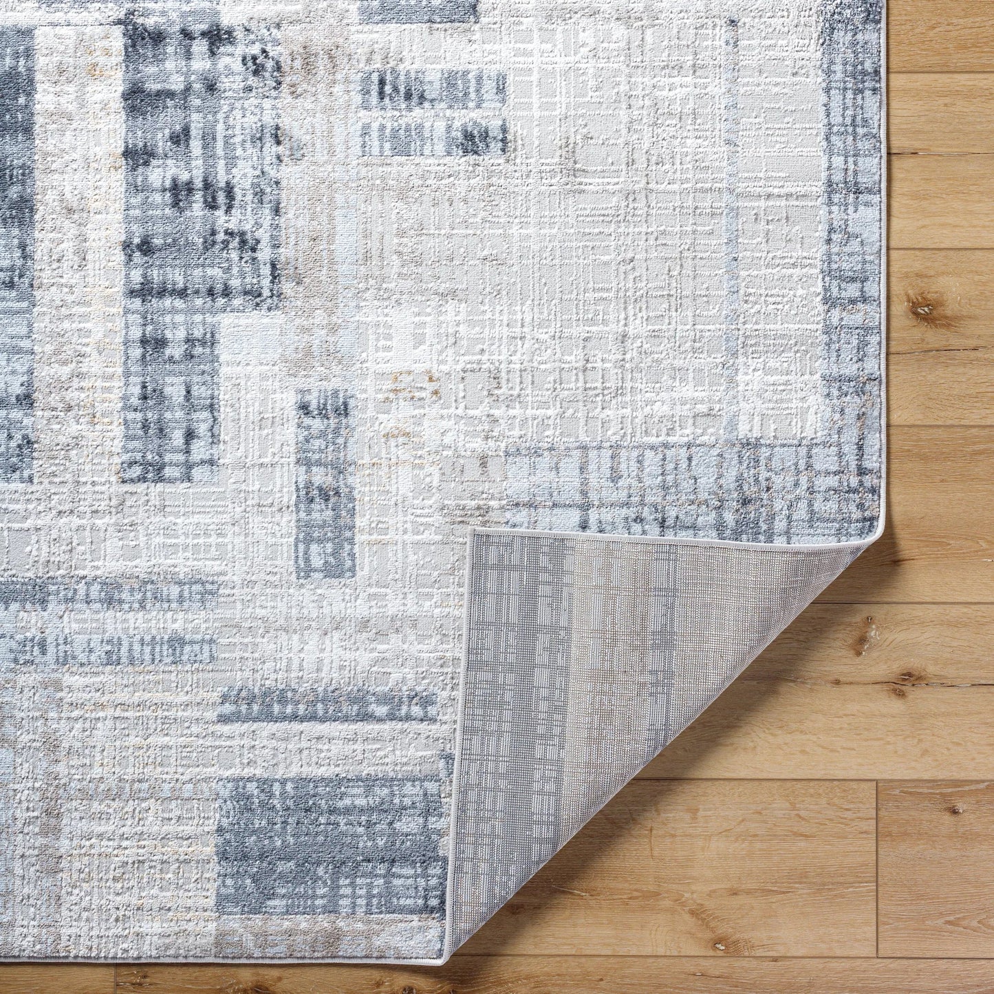 004 SI-2132285 | Closeup | Mood Rug - 500072 by Livabliss in taupe, white, dark brown, medium brown, mustard, denim. Made from face: 70% polypropylene, 30% polyester, warp: 100% polyester in a unique style.