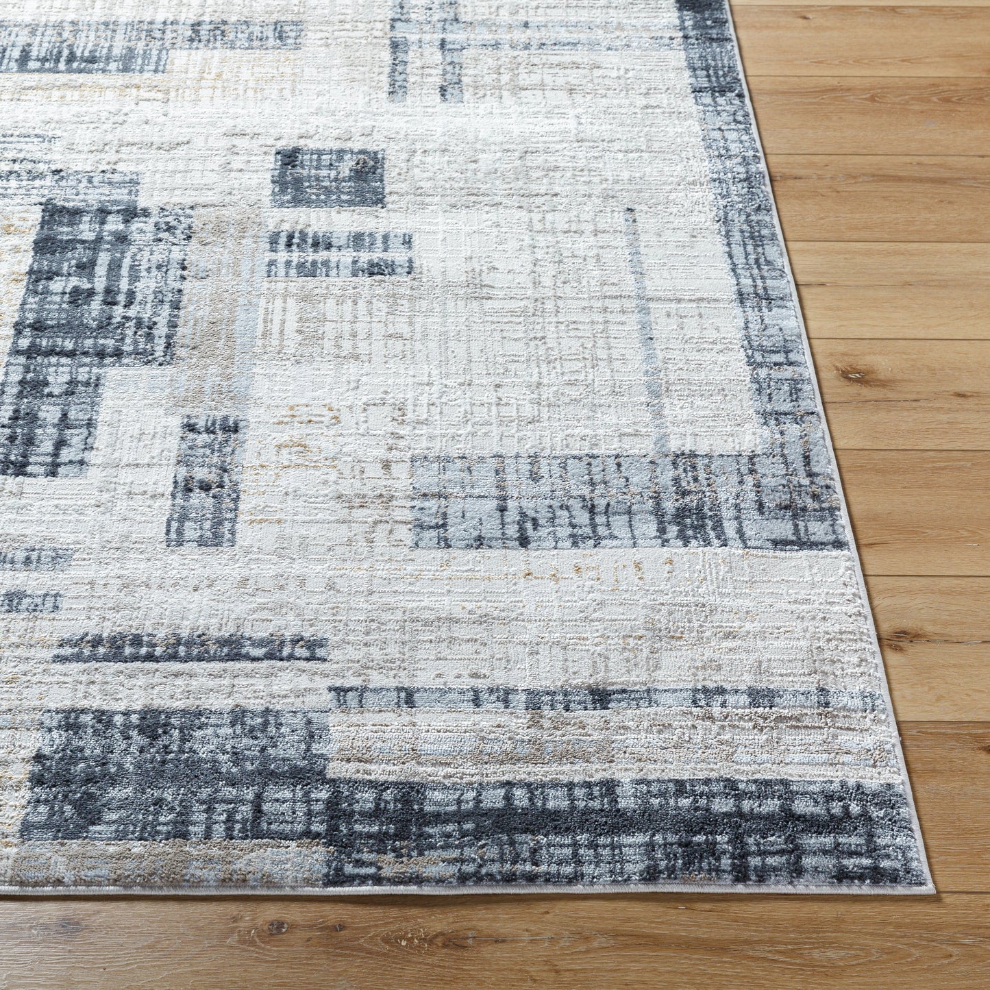 003 SI-2132285 | Closeup | Mood Rug - 500072 by Livabliss in taupe, white, dark brown, medium brown, mustard, denim. Made from face: 70% polypropylene, 30% polyester, warp: 100% polyester in a unique style.