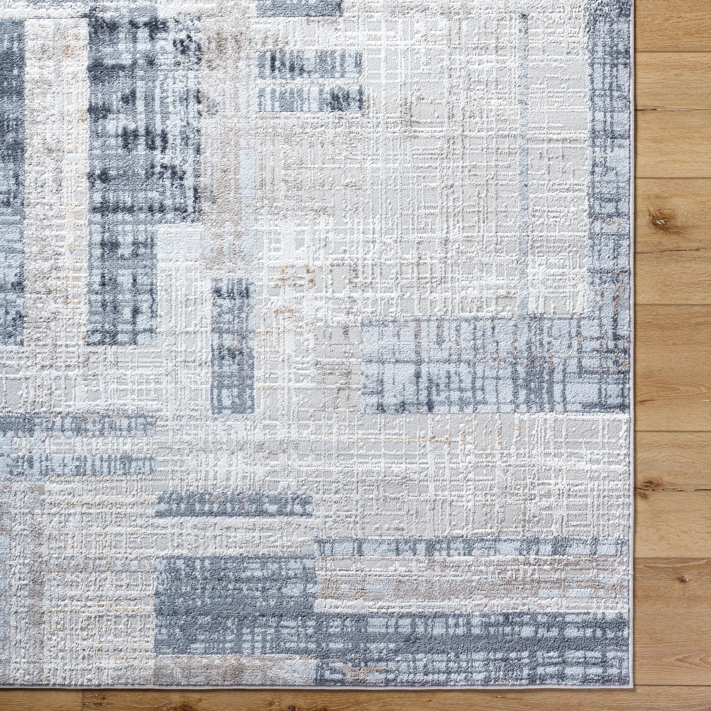 006 SI-2132285 | Closeup | Mood Rug - 500072 by Livabliss in taupe, white, dark brown, medium brown, mustard, denim. Made from face: 70% polypropylene, 30% polyester, warp: 100% polyester in a unique style.