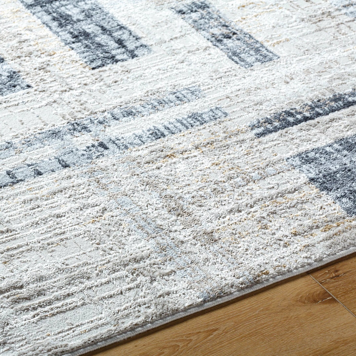 005 SI-2132285 | Closeup | Mood Rug - 500072 by Livabliss in taupe, white, dark brown, medium brown, mustard, denim. Made from face: 70% polypropylene, 30% polyester, warp: 100% polyester in a unique style.