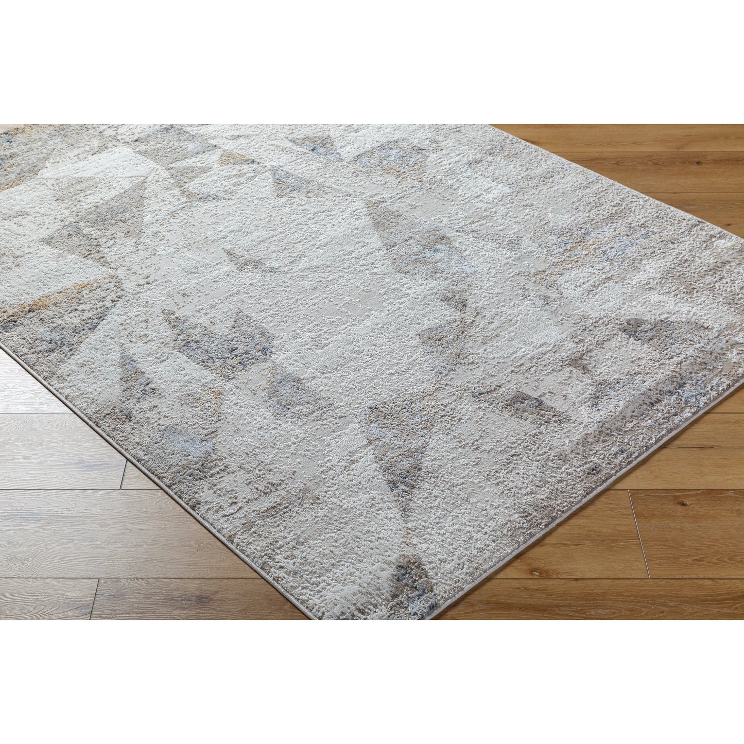 002 SI-2132287 | Closeup | Mood Rug - 500076 by Livabliss in taupe, white, light gray, light brown, charcoal, mustard. Made from face: 70% polypropylene, 30% polyester, warp: 100% polyester in a unique style.
