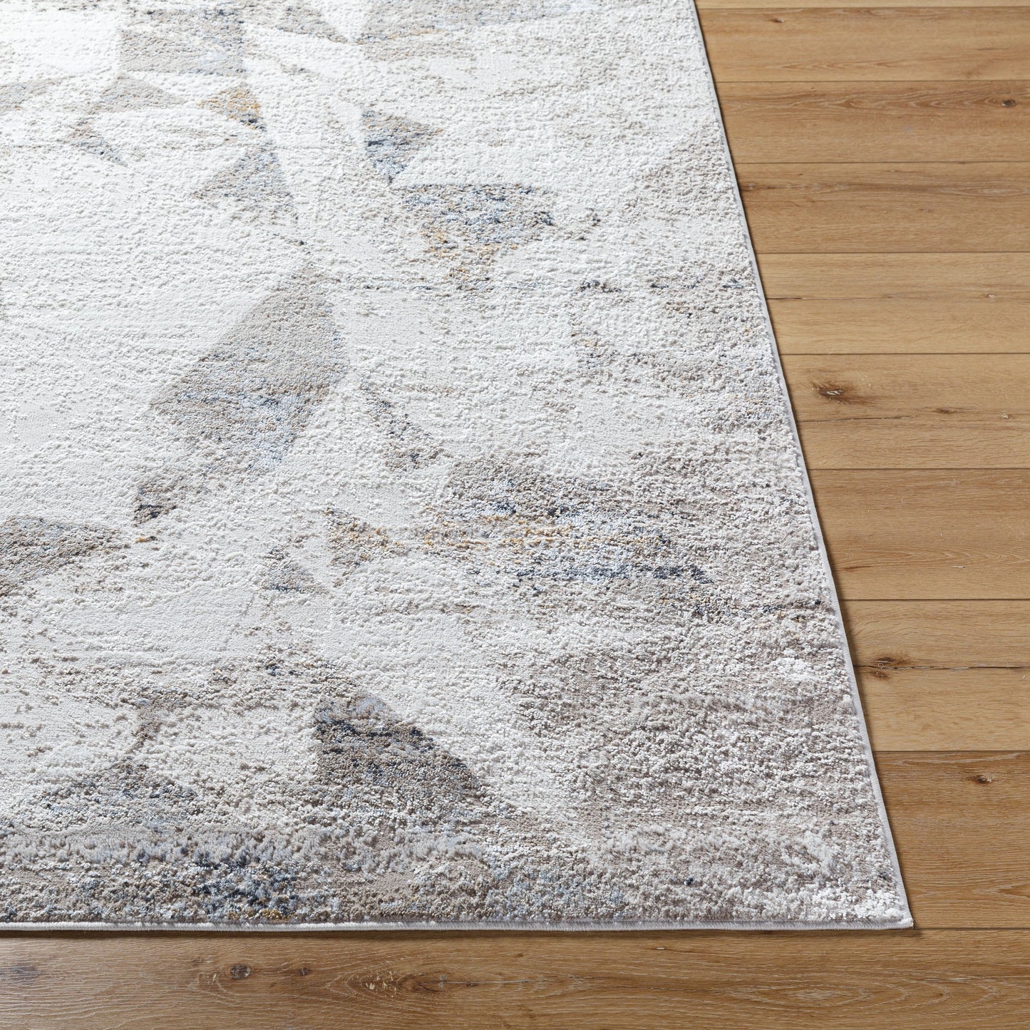 003 SI-2132287 | Closeup | Mood Rug - 500076 by Livabliss in taupe, white, light gray, light brown, charcoal, mustard. Made from face: 70% polypropylene, 30% polyester, warp: 100% polyester in a unique style.
