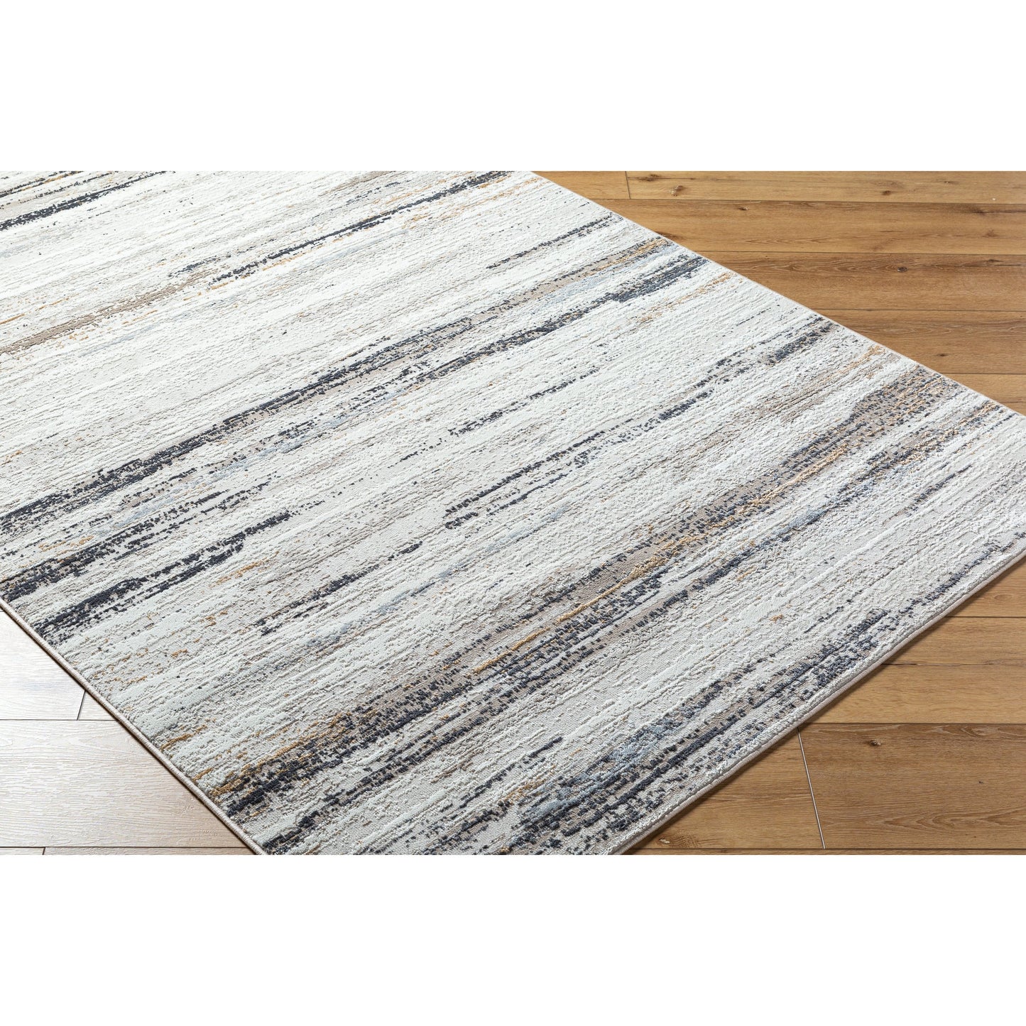 002 SI-2132435 | Closeup | Mood Rug - 524948 by Livabliss in taupe, white, charcoal, light gray, mustard, light brown. Made from face: 70% polypropylene, 30% polyester, warp: 100% cotton in a unique style.