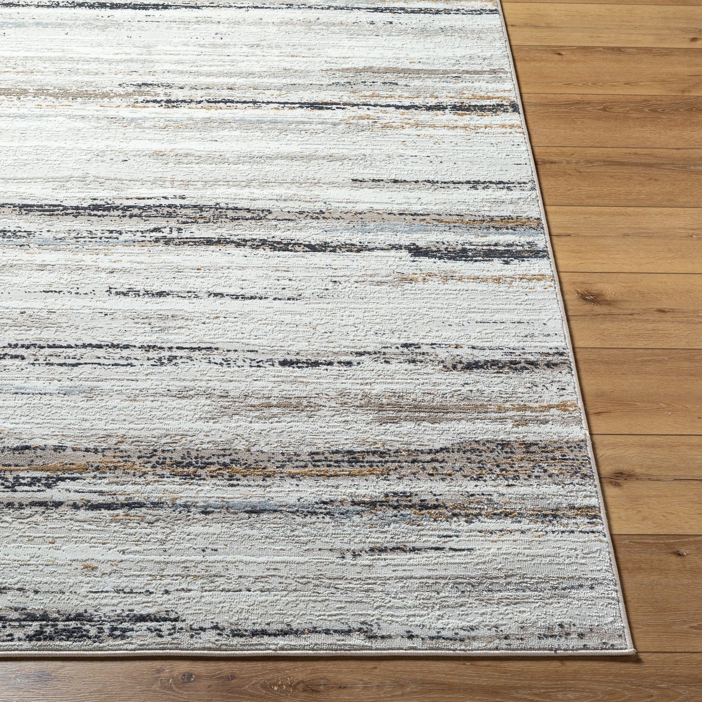 003 SI-2132435 | Closeup | Mood Rug - 524948 by Livabliss in taupe, white, charcoal, light gray, mustard, light brown. Made from face: 70% polypropylene, 30% polyester, warp: 100% cotton in a unique style.