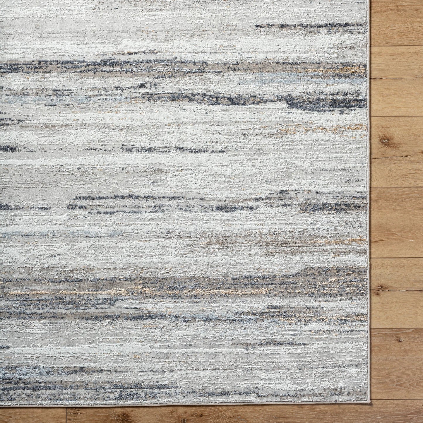 006 SI-2132435 | Closeup | Mood Rug - 524948 by Livabliss in taupe, white, charcoal, light gray, mustard, light brown. Made from face: 70% polypropylene, 30% polyester, warp: 100% cotton in a unique style.