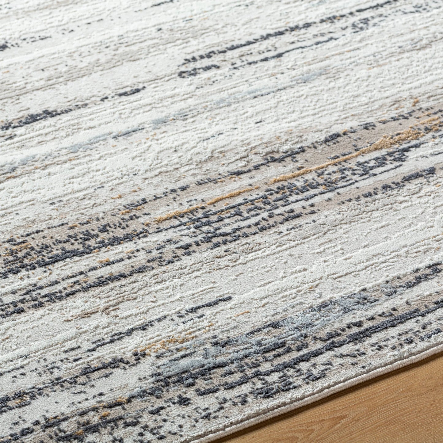 005 SI-2132435 | Closeup | Mood Rug - 524948 by Livabliss in taupe, white, charcoal, light gray, mustard, light brown. Made from face: 70% polypropylene, 30% polyester, warp: 100% cotton in a unique style.