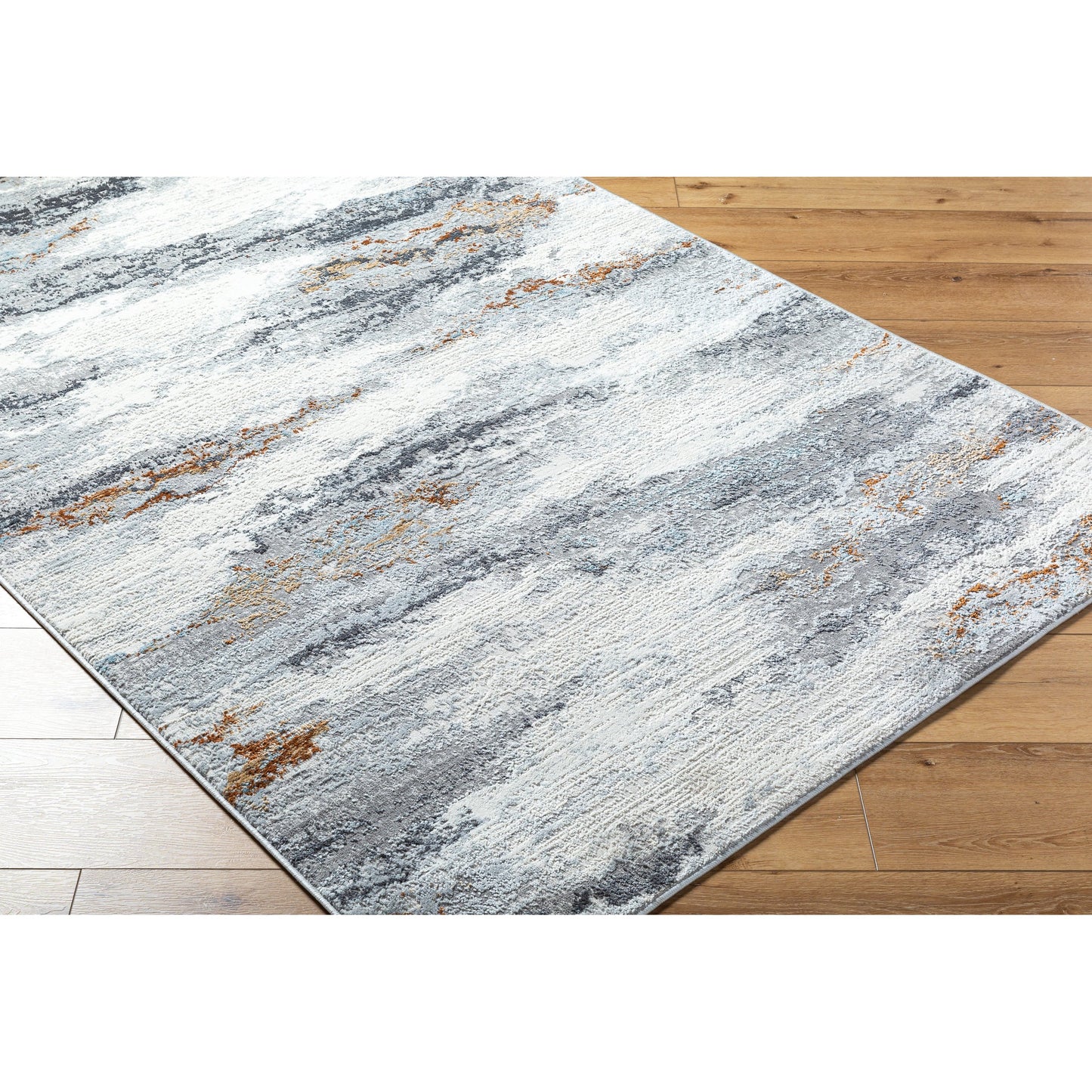 002 SI-2132438,SI-2132439 | Closeup | Mood Rug - 524959 by Livabliss in taupe, white, charcoal, medium brown, dark brown, denim. Made from face: 70% polypropylene, 30% polyester, warp: 100% cotton in a unique style.