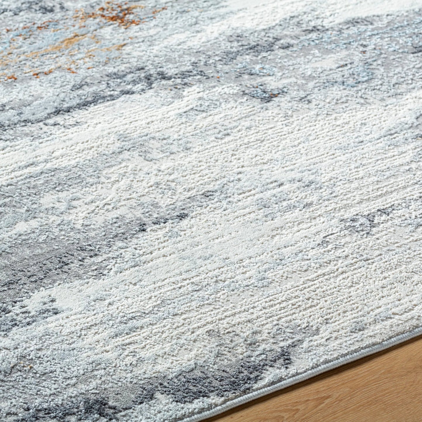 005 SI-2132438,SI-2132439 | Closeup | Mood Rug - 524959 by Livabliss in taupe, white, charcoal, medium brown, dark brown, denim. Made from face: 70% polypropylene, 30% polyester, warp: 100% cotton in a unique style.