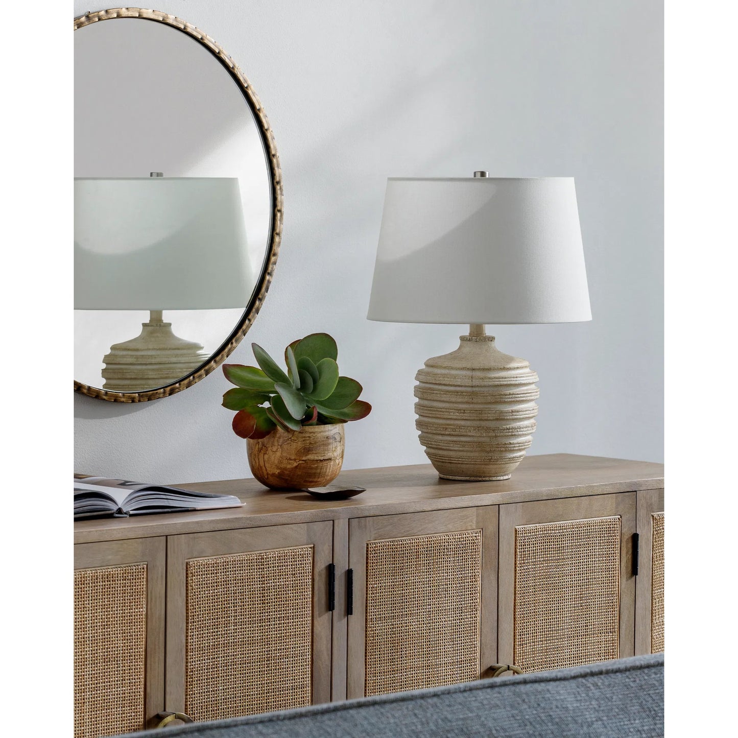 002 SI-2168125 | Lifestyle | Mindra Table Lamp - 531683 by Livabliss in body: brown, shade: white, finial: metallic - nickel, harp: metallic - nickel, cord: translucent and coloredplated. Made from resin, linen, polyester, iron in a modern style.
