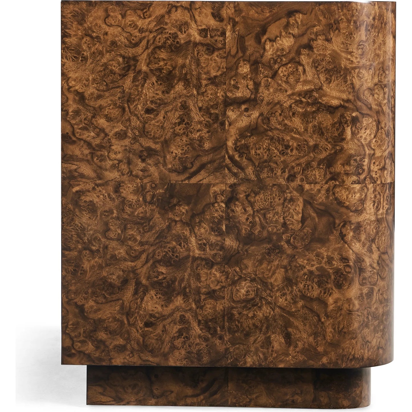 003 SI-2334499 | Additional Silo | Jacques Radius End Table by Jonathan Charles in brown and walnut burl. Made from book match walnut burl veneer in a unique style.