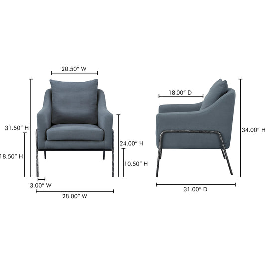 Archer Accent Chair Linen Blend by Moe's Home Collection in slate blue linen blend. Made from upholstery: 51% cotton, 49% linen, forged iron legs, plywood frame, foam seat in a eclectic & global style.