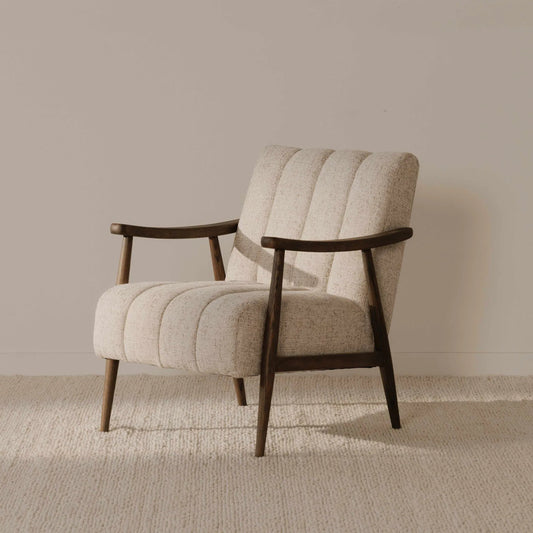 Aster Accent Chair by Moe's Home Collection in pebbled beige. Made from upholstery: 93% polyester, 7% acrylic, solid oak frame, plywood frame, foam seat in a transitional style.