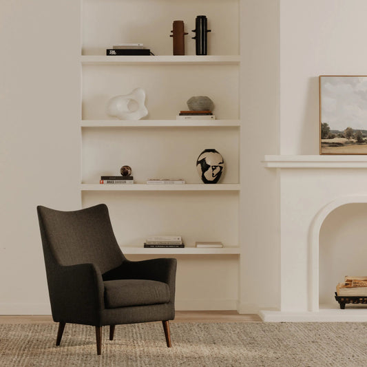 Fisher Armchair Wool Blend by Moe's Home Collection in charcoal wool blend. Made from upholstery: 50% wool 50% polyester, solid rubber wood legs, plywood frame, foam seat in a transitional style.