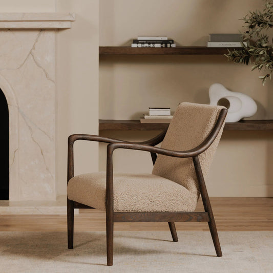 Yates Accent Chair by Moe's Home Collection in beige faux shearling. Made from upholstery: 100% polyester, solid oak frame, foam seat in a transitional style.
