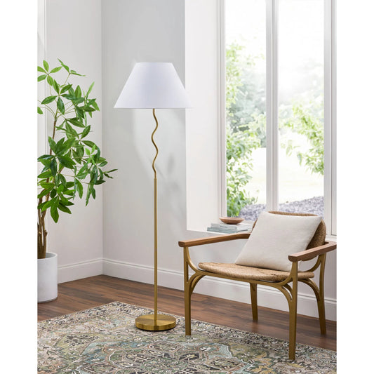 Meander Floor Lamp - 535661 by Livabliss in body: metallic - brass, base: metallic - brass, shade: white, cord: translucent and platedplated. Made from iron, cotton, polystyrene in a modern style.