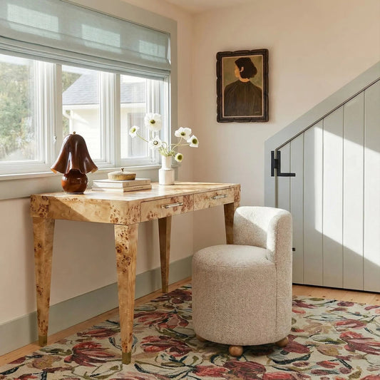 Hakuna Performance Boucle Desk Chair by TOV Furniture in cream. Made from fabric, plywood, rubberwood in a unique style.