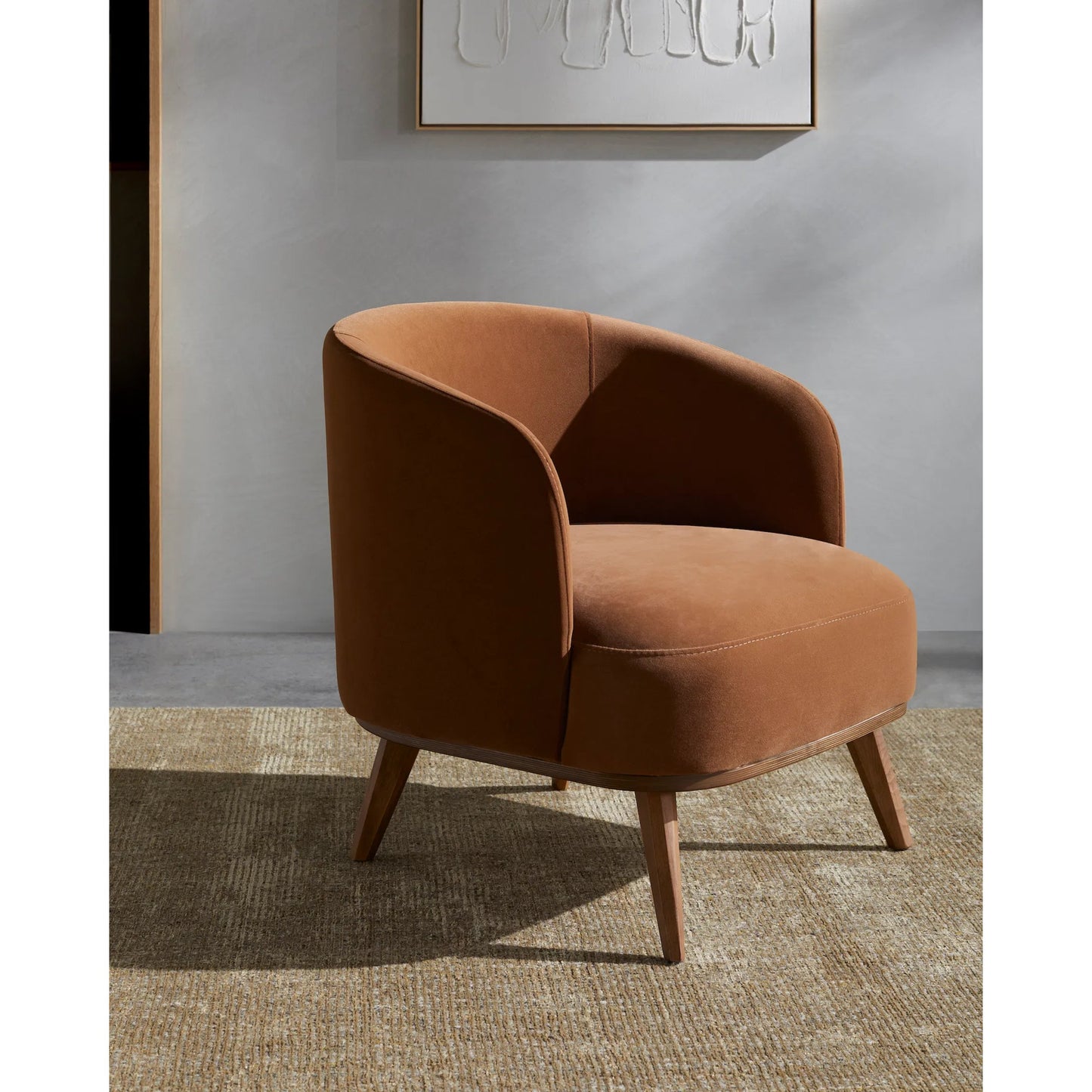 004 SI-2169235 | Lifestyle | Megan Armchair - 539450 by Surya in upholstery: light pink, base: camel and wood finish. Made from polyester, beechwood, polyurethane foam in a modern style.