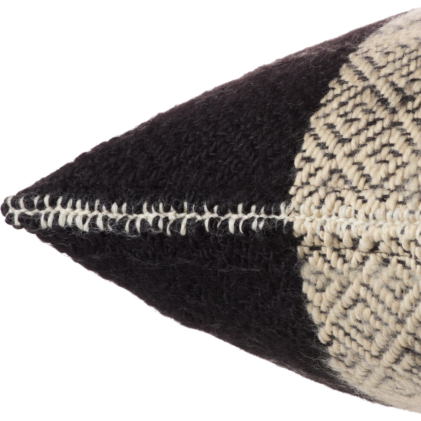 002 SI-2123657,SI-2123658 | Closeup | Margosa MGP04 Pillow by Jaipur Living in natural, black. Made from 100% wool in a traditional style.