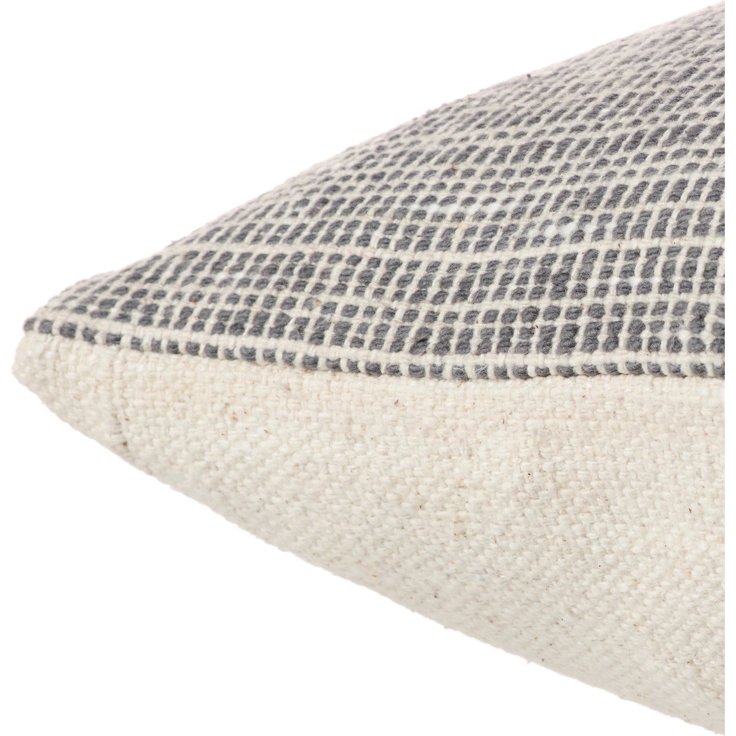 002 SI-2123692,SI-2123693 | Closeup | Margosa MGP15 Pillow by Jaipur Living in natural, gray. Made from 100% cotton in a cottage & farmhouse style.
