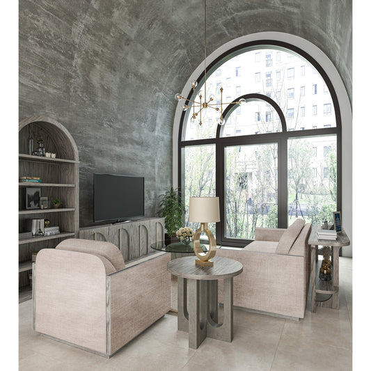 Vault Round End Table by A.R.T. Furniture in gray and mink finish. Made from parawood solids, white oak veneers, resin in a modern style.