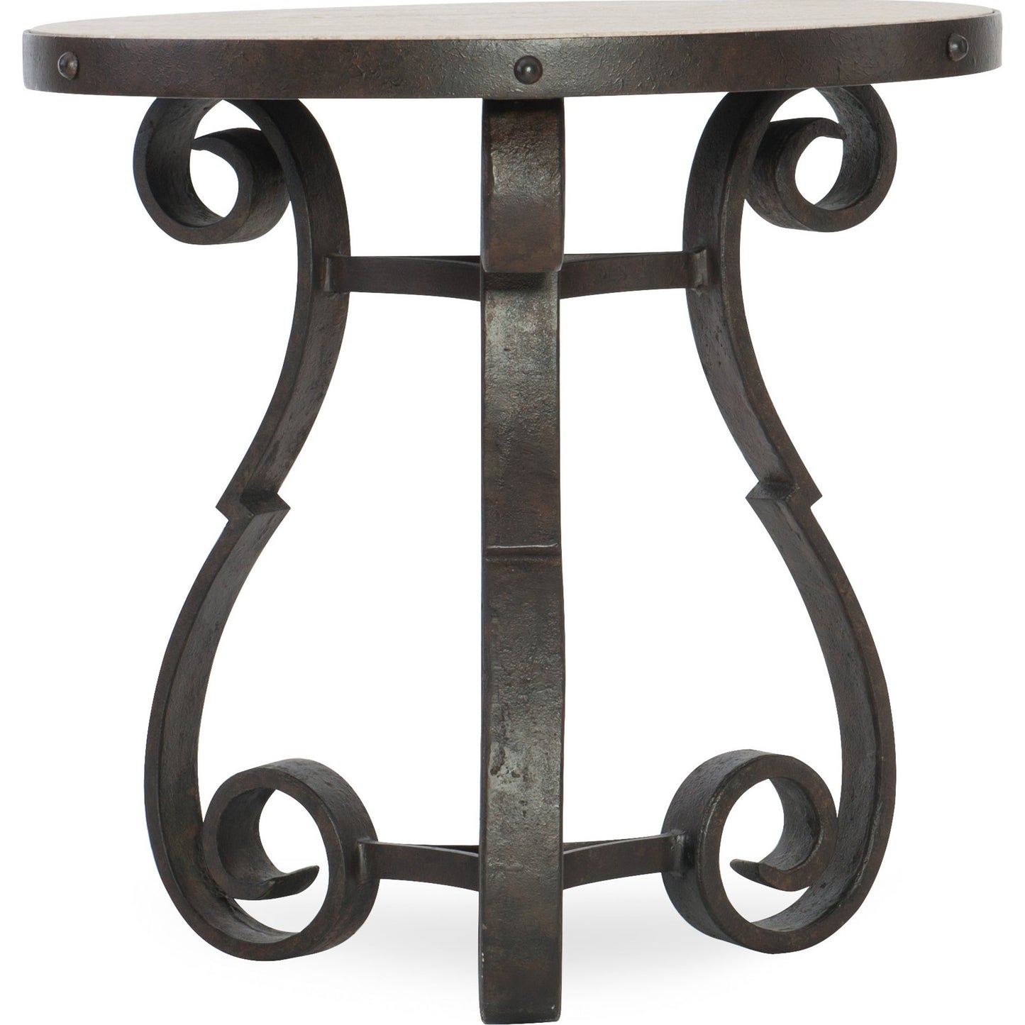 001 SI-1749142 | Primary Silo | Luckenbach Metal & Stone End Table by Hooker Furniture in black. Made from cast iron, antique travertine in a traditional style.