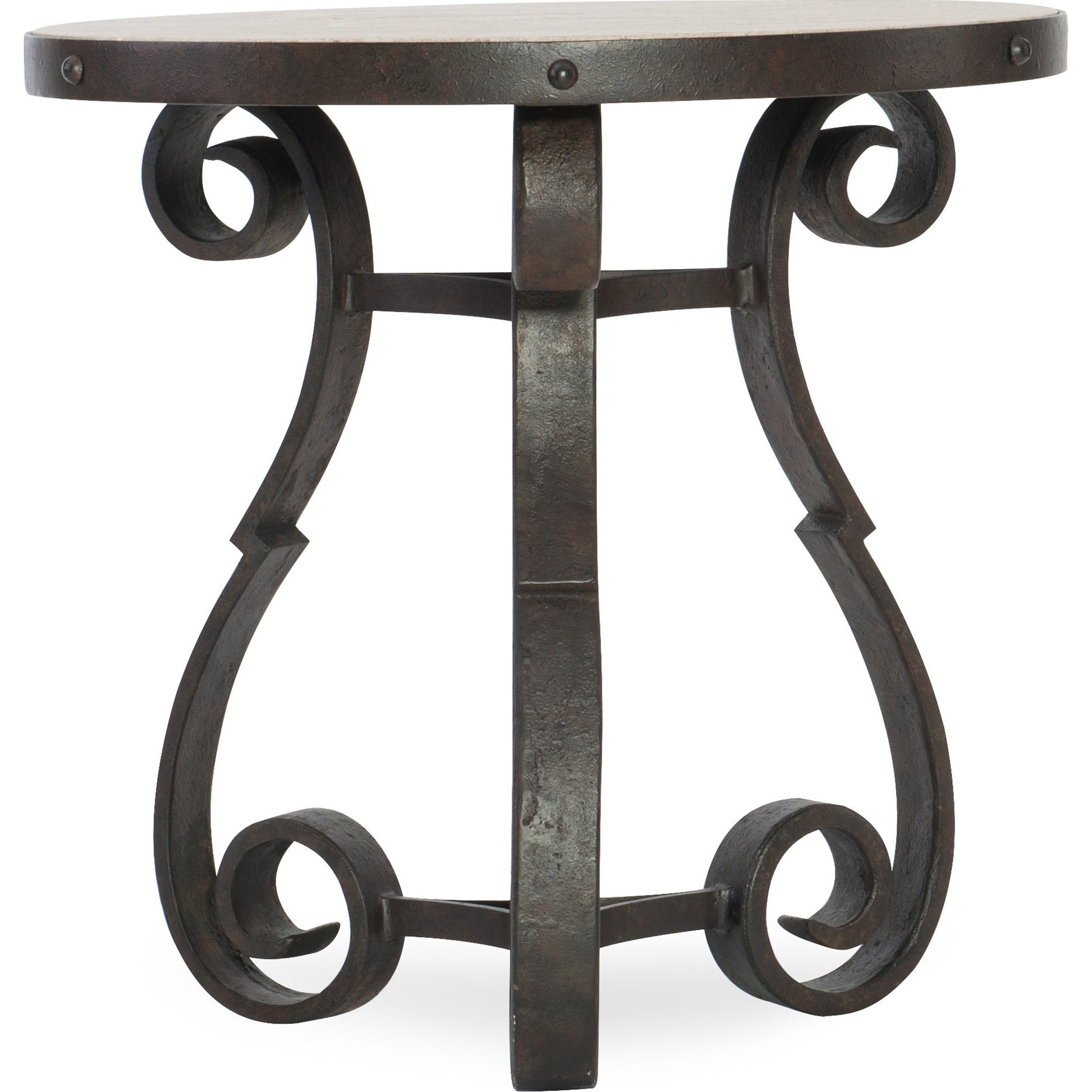 Luckenbach Metal & Stone End Table by Hooker Furniture in black. Made from cast iron, antique travertine in a traditional style.
