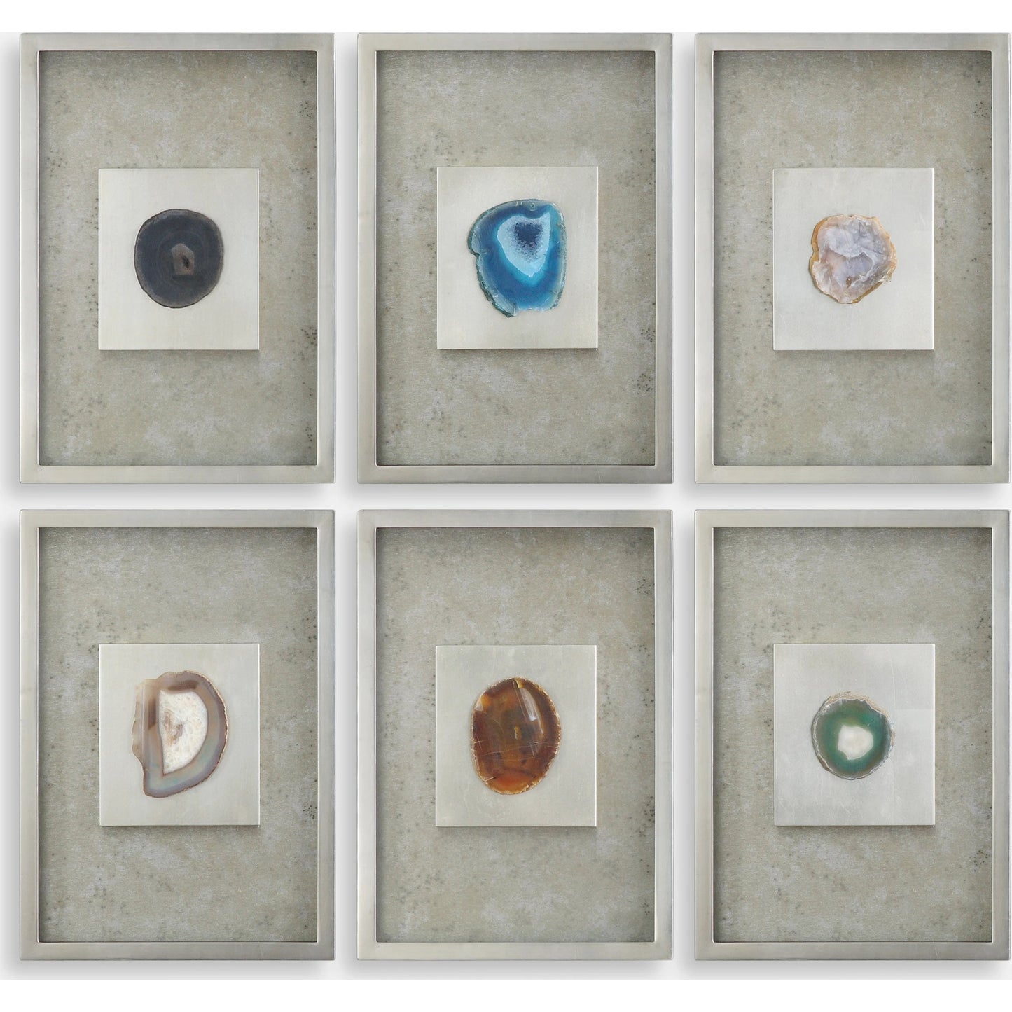001 S-252170 | Primary Silo | Agate Stone Silver Wall Art (Set of 6) by Uttermost in multi and silver. Made from mdf, glass, agate, paper in a modern style.