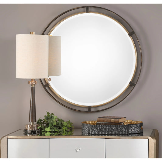 Carrizo Round Mirror by Uttermost in bronze. Made from mdf, glass, iron in a modern style.