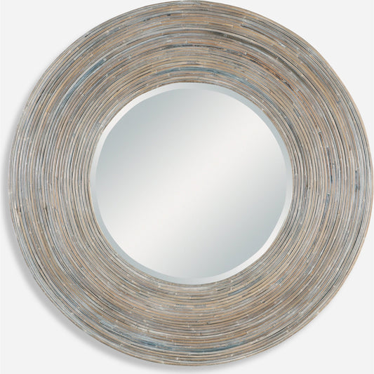 Vortex Round Mirror by Uttermost in white washed. Made from mango wood, plywood, rattan kubu in a modern style.