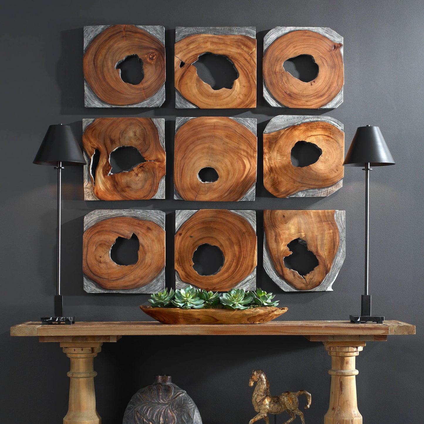 003 SI-1981154 | Lifestyle | Jungle Paneled Wall Art by Uttermost in multi and coffee brown, rustic black. Made from suar wood in a modern style.